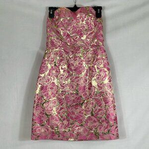Lilly Pulitzer Dress Size 4 Metallic Jacquard Pink Gold Sweetheart Neckline EUC